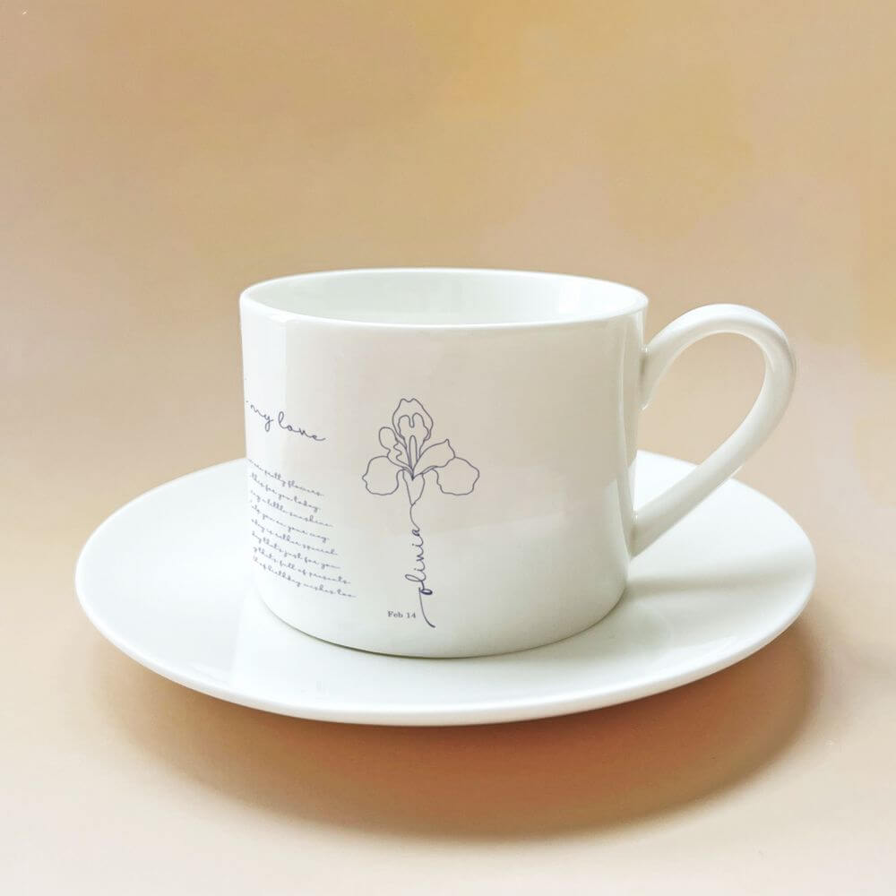 koragarro Feb Birthday gift, Personalized name flower tea cup saucer set, Birthday gift for Feb, Mom, grandma