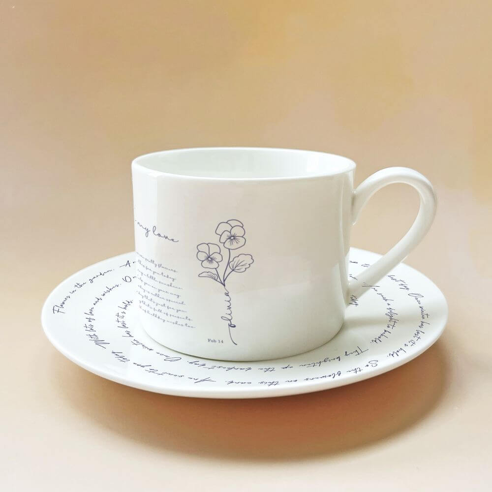 koragarro Feb Birthday gift, Personalized name flower tea cup saucer set, Birthday gift for Feb, Mom, grandma