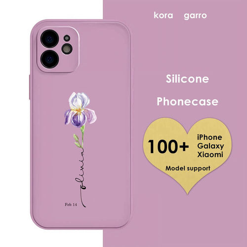 koragarro Feb Birth month flower phone case, named flower silicone phone cover, Feb birthday gift, Iris, Violet