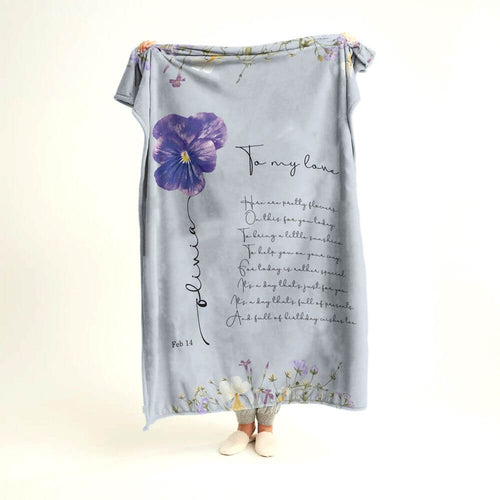 koragarro Feb named birth flower gift, personalized throw blanket, birthday gift for Feb born, Violet, Iris, Purple flowers