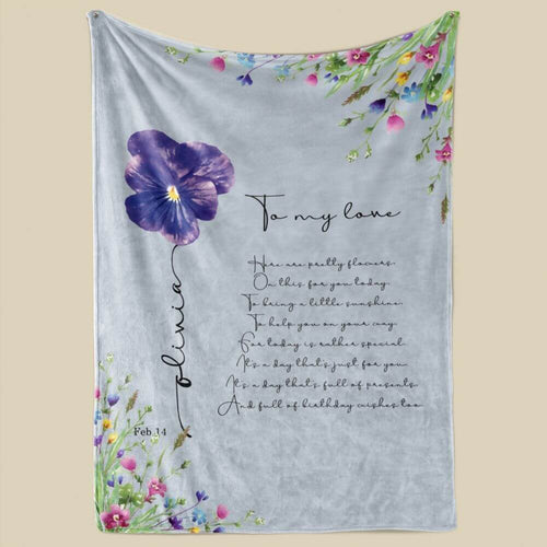 koragarro Feb named birth flower gift, personalized fleece blanket, birthday gift for Feb born, Violet, Iris, Purple flowers