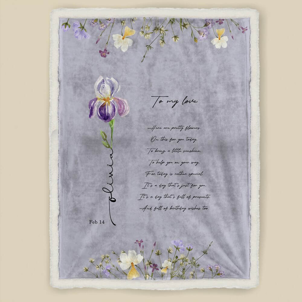 koragarro Feb named birth flower gift, personalized throw blanket, birthday gift for Feb born, Violet, Iris, Purple flowers