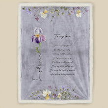 Load image into Gallery viewer, koragarro Feb named birth flower gift, personalized throw blanket, birthday gift for Feb born, Violet, Iris, Purple flowers