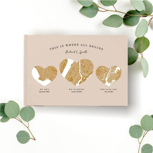 koragarro personalized wedding gift idea, unique memory book, meet engaged married, first year anniversary gift, any city heart map, this is where all begins