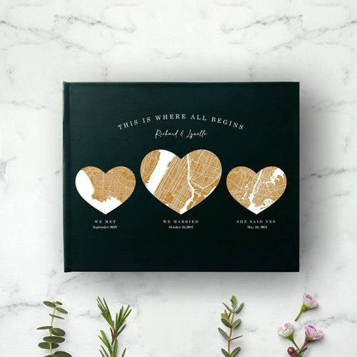 koragarro personalized wedding gift idea, unique memory book, meet engaged married, first year anniversary gift, any city heart map, this is where all begins
