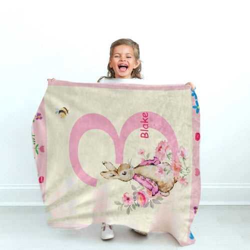 koragarro personalized throw blanket, peter rabbit birthday gift, named throw blanket, baby girl birthday gift, pink throw blanket