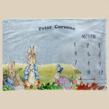 Load image into Gallery viewer, koragarro-peter rabbit-baby milestone personalized throw blanket, gift to baby-new born-blue