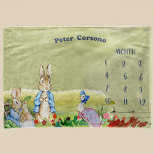Load image into Gallery viewer, koragarro-peter rabbit-baby milestone personalized throw blanket, gift to baby-new born-green