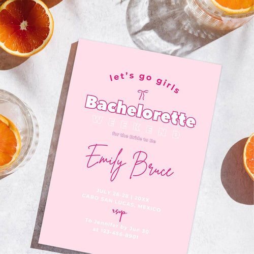koragarro pink minimalist bachelorette invitation modern theme bride-to-be party events bridal shower ideas Let's go girls editable canva template printable thank you card buy the bride a drink instant download digital evites