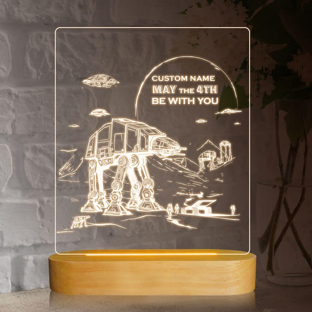 koragarro star wars table lamp, may the force be with you, star wars fan birthday gift idea, at-at walker, x-wings, personalized gift