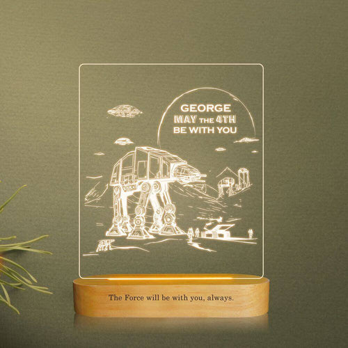 koragarro star wars table lamp, may the force be with you, star wars fan birthday gift idea, at-at walker, x-wings, personalized gift