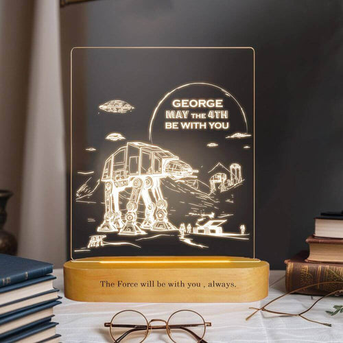 koragarro star wars table lamp, may the force be with you, star wars fan birthday gift idea, at-at walker, x-wings, personalized gift