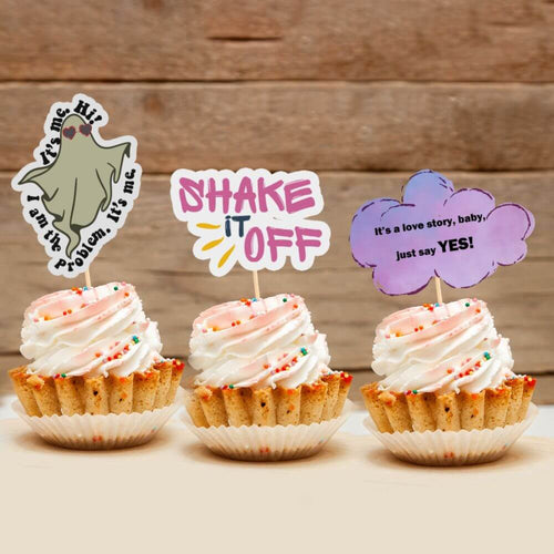 koragarro taylor swift party cupcake toppers, swiftie party decor, eras tour party favor, shake it off, cruel summer, it's me, hi,  instant download