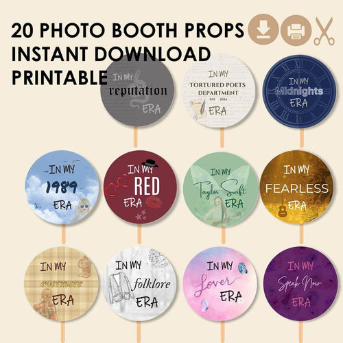 Koragarro Taylor Swift Party Decor, Swiftie Party Photo Booth Props, instant download, Eras Tour, Reputation, TTPD, Midnight, 1989, Red, Fearless, evermore, folklore, lover, speak now
