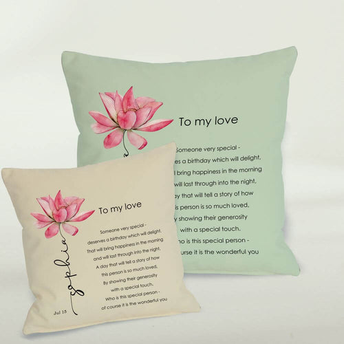 July Birth Named Flower Cushion, Waterlily