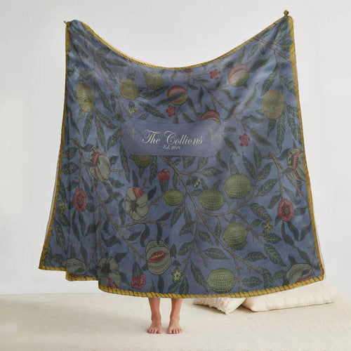 koragarro Family Name Flower Blanekt, Vintage Pomegranate Pattern, William Morris, Haze Blue, Gift to Mom, Grandparents