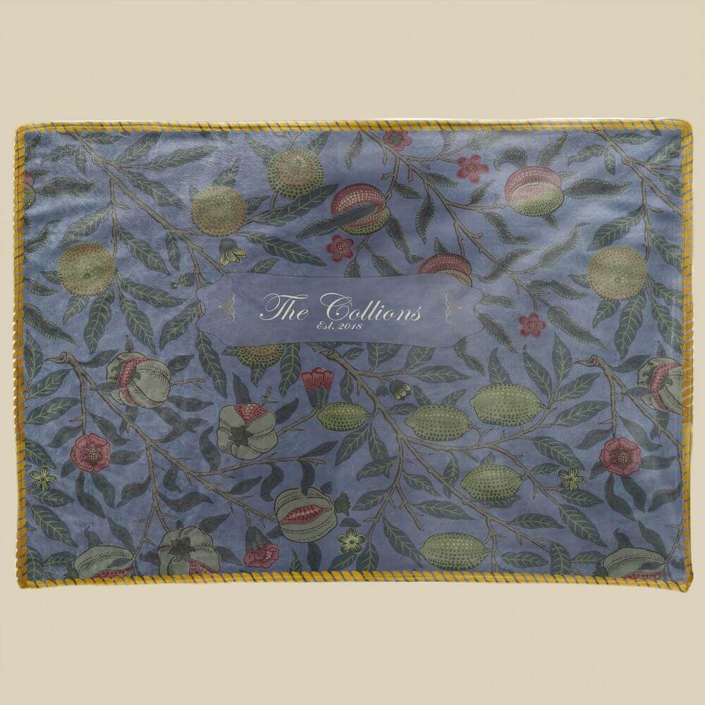 koragarro Family Name Flower Blanekt, Vintage Pomegranate Pattern, William Morris, Haze Blue, Gift to Mom, Grandparents