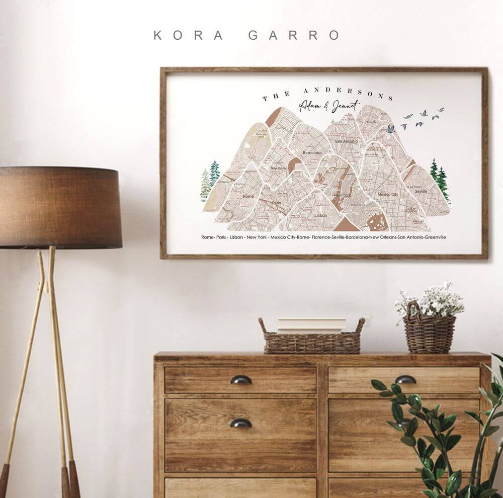 koragarro personalized map art, Adventure together Travel Map Print 3-15 locations mountain wall art, Wedding Anniversary Gift for couples, Custom Travel Poster