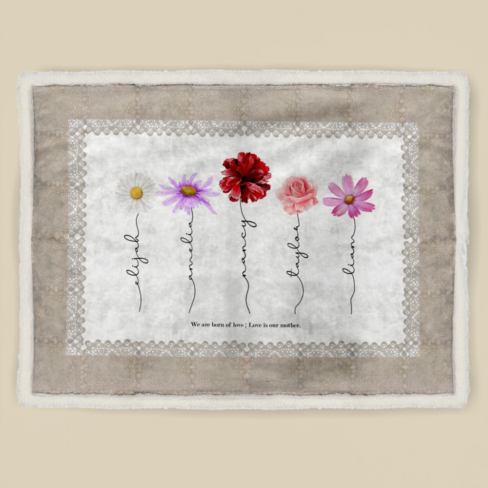 koragarro family name flowers, forget me not, family name sign, personalized sherpa blanket