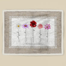 Load image into Gallery viewer, koragarro family name flowers, forget me not, family name sign, personalized sherpa blanket