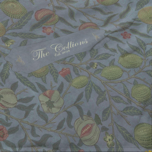 koragarro Family Name Flower Blanekt, Vintage Pomegranate Pattern, William Morris, Haze Blue, Gift to Mom, Grandparents
