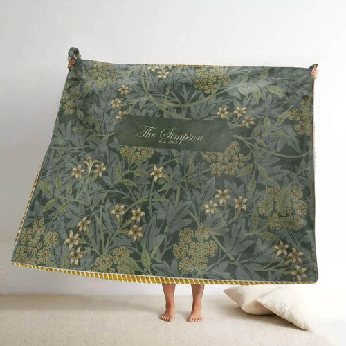 koragarro Jasmine Flower Blanket, Vintage Green, Custom Name Blanket, William Morris vintage wall art patter, Birthday Mothers Day Gift, Grandparents gift