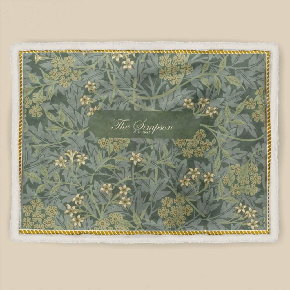 koragarro Jasmine Flower Blanket, Vintage Green, Custom Name Blanket, William Morris vintage wall art patter, Birthday Mothers Day Gift, Grandparents gift