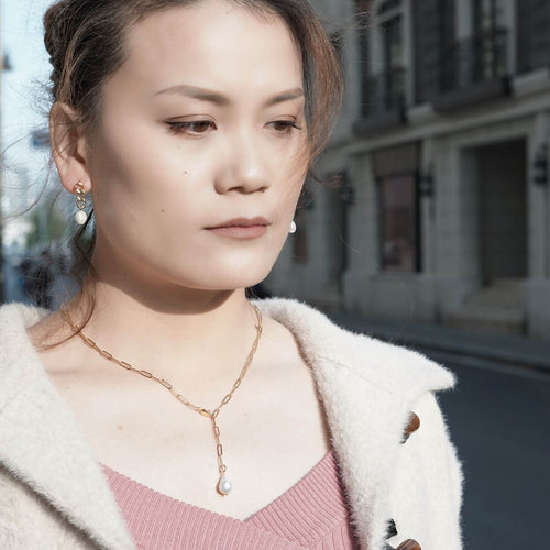 Kora Garro jewelry pearl necklace fresh water baroque pearl gold paperclip chain Y shape lariat necklace zoe