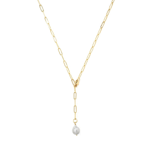 Kora Garro jewelry pearl necklace fresh water baroque pearl gold paperclip chain Y shape lariat necklace zoe