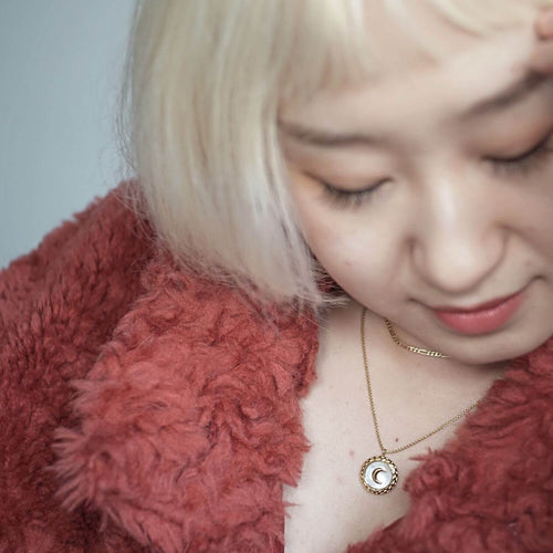 Kora Garro Jewelry pendant necklace gold cresent moon mother of pearl shell charm necklace Lucia