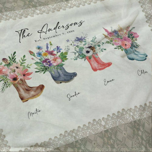 koragarro family Welly boots bouquet blanket, custom family name sign