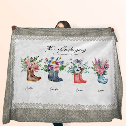koragarro family Welly boots bouquet blanket, custom family name sign