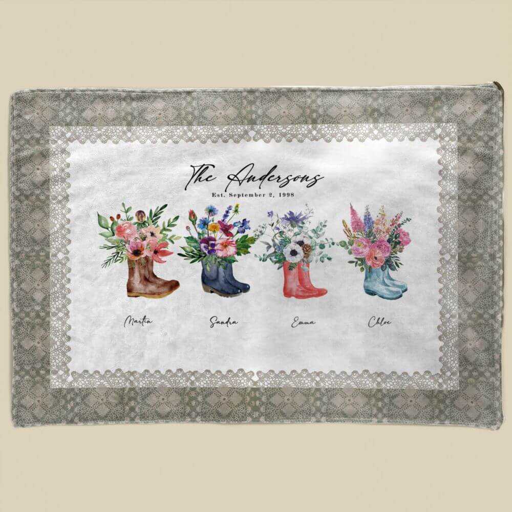 koragarro family Welly boots bouquet blanket, custom family name sign, fleece throw blanket